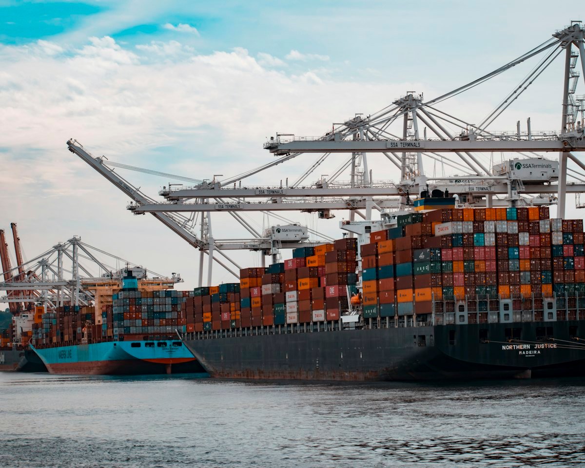 Container ships loaded with cargo at a port terminal