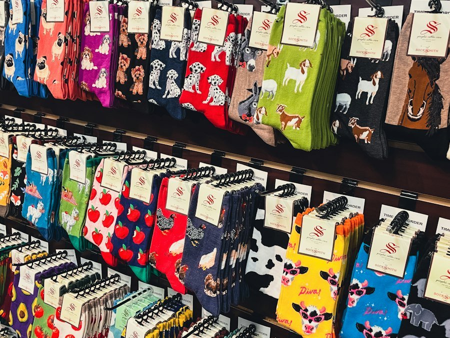 Colorful socks displayed on retail shelves