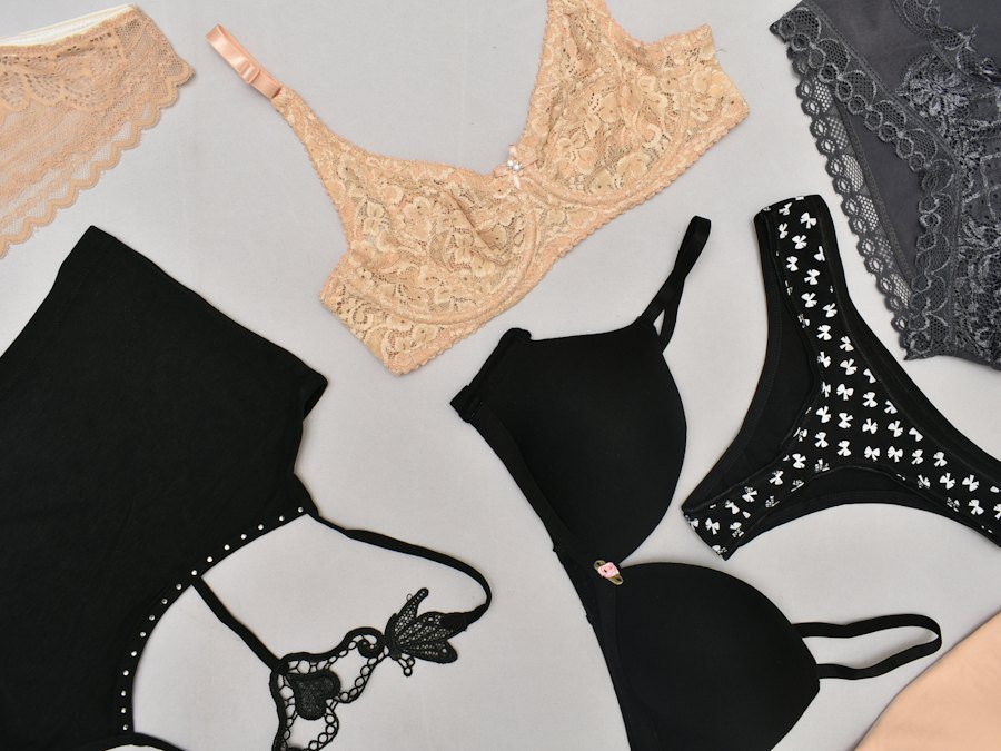 Assorted bras and panties laid flat